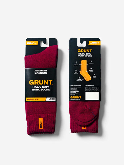 Two pairs of Grunt heavy-duty bamboo work socks in packaging on a white background